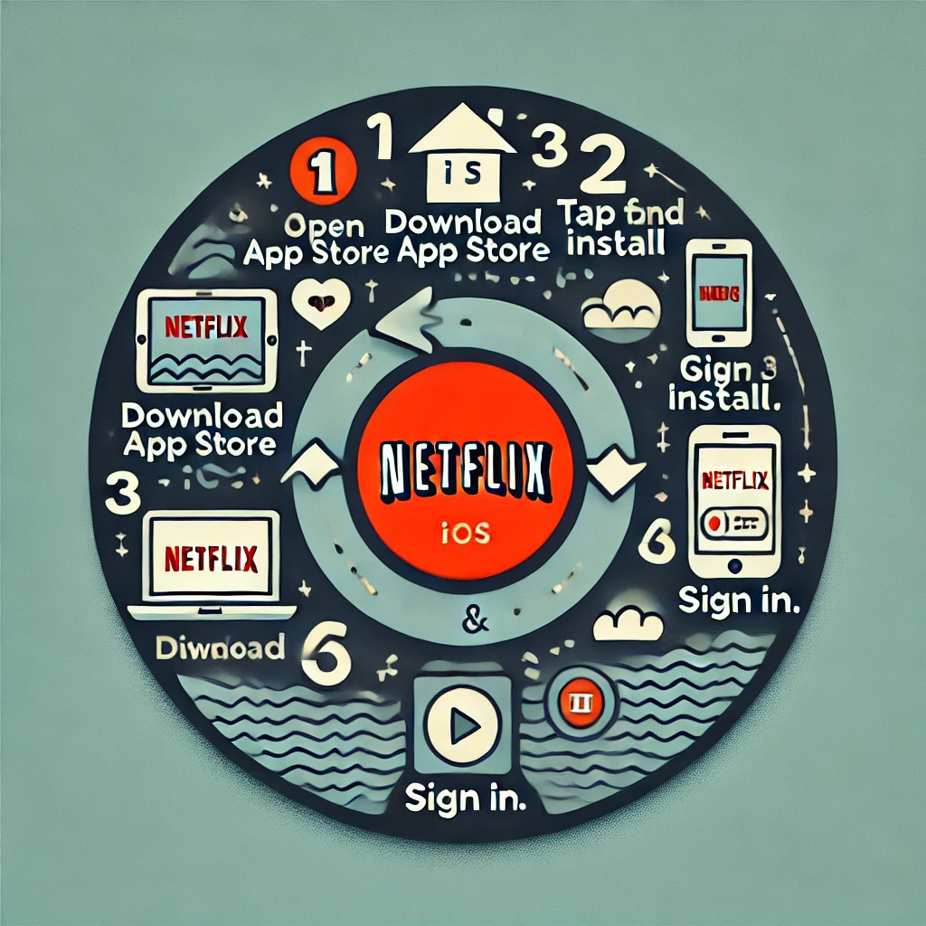 DALL%C2%B7E 2025 02 12 17.59.13 A simple and Google optimized round shaped infographic showing the step by step process to download and install Netflix on an iOS device. This infogra