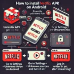 DALL%C2%B7E 2025 02 17 19.21.33 A visually engaging infographic titled How to Install Netflix APK on Android. The design should have a modern sleek look with red and black Netflix